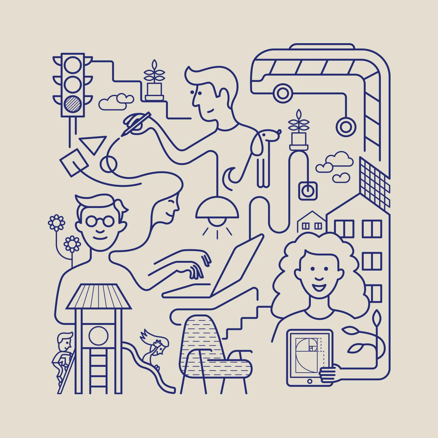 Design Conversations - illustration över människor i en gestaltad livsmiljö