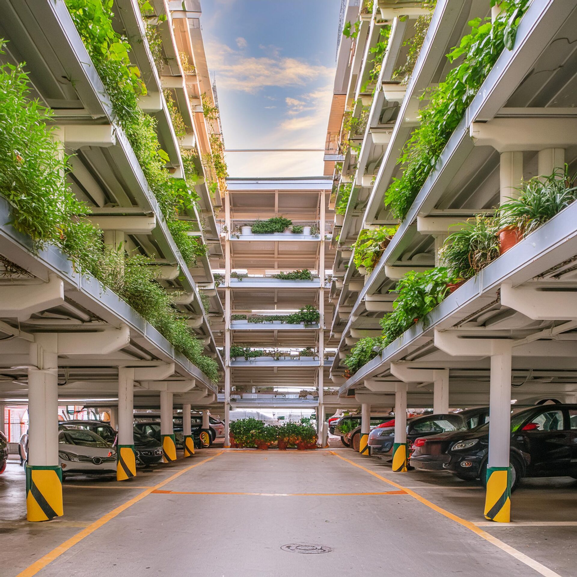Ett parkeringsgarage i flera våningar, med öppning i taket. På den första våningen står bilar parkerade och på de andra våningarna är växtodlingar.